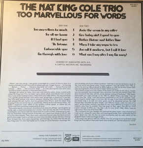 The Nat King Cole Trio ‎– Too Marvellous For Words