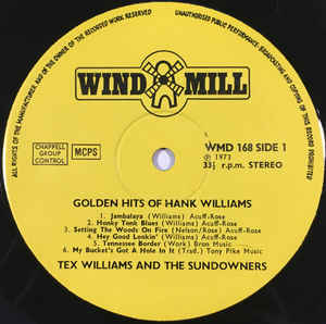 Tex Williams & The Sundowners ‎– The Golden Hits Of Hank Williams