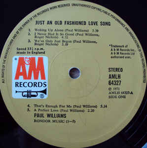 Paul Williams ‎– Just An Old Fashioned Love Song