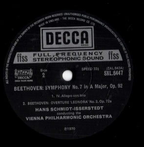 Beethoven* - Hans Schmidt-Isserstedt, Vienna Philharmonic Orchestra* ‎– Symphony No. 7 In A Major - Overture, Leonora No. 3